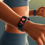 Close-up of a person’s wrist wearing a fitness tracker displaying heart rate information.