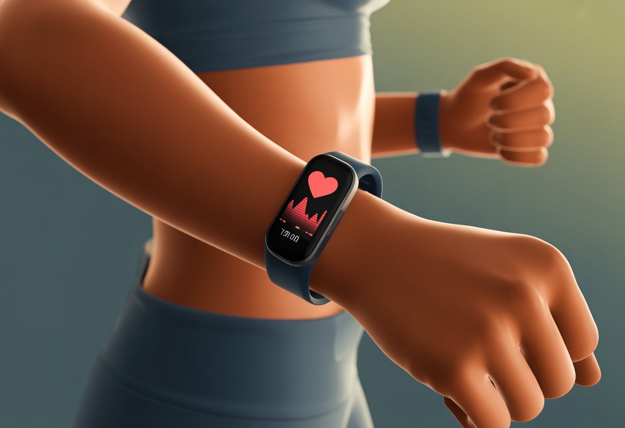 Close-up of a person’s wrist wearing a fitness tracker displaying heart rate information.