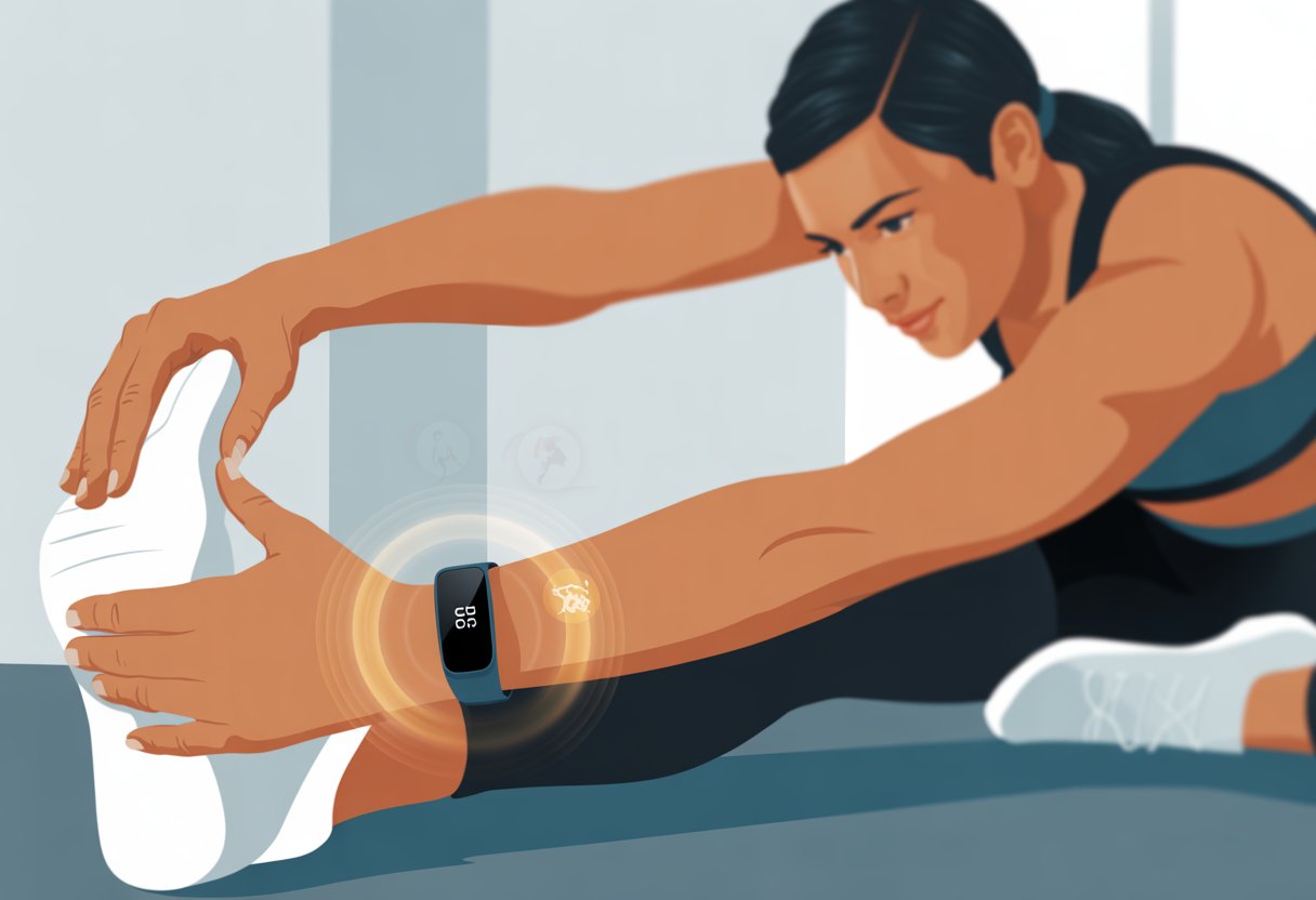 A person wearing a fitness tracker on their wrist is performing a stretching exercise indoors.