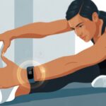 How to use a fitness tracker for stretching routines: Because your hamstrings have trust issues A person wearing a fitness tracker on their wrist is performing a stretching exercise indoors.
