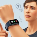 Close-up of a person wearing a fitness tracker on their wrist, looking puzzled as the device shows notification icons but no vibration alerts.