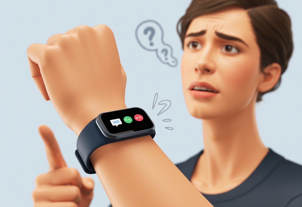 Close-up of a person wearing a fitness tracker on their wrist, looking puzzled as the device shows notification icons but no vibration alerts.