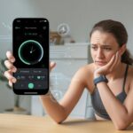 Why Does My Fitness Tracker App Keep Freezing? Is It Tired of Counting My Steps Too? A person looking frustrated at their smartphone showing a frozen fitness tracker app, sitting at a desk with a fitness tracker on their wrist.