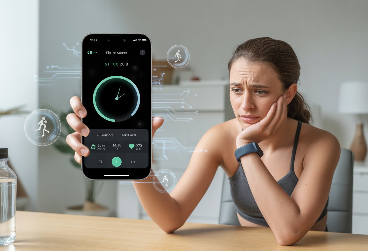 A person looking frustrated at their smartphone showing a frozen fitness tracker app, sitting at a desk with a fitness tracker on their wrist.