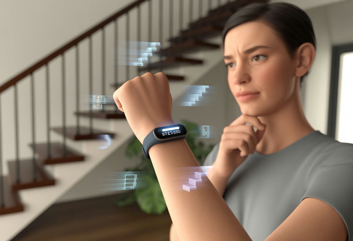 A person indoors near a staircase looking at their fitness tracker on their wrist with a thoughtful expression.