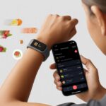 A person’s wrist wearing a fitness tracker next to a smartphone showing a food tracking app with missing or incorrect entries, surrounded by faint food icons.
