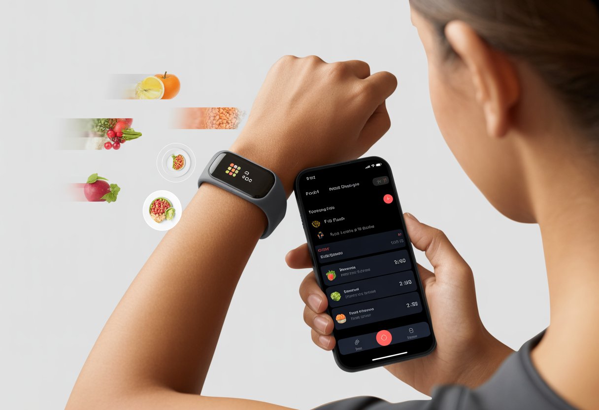 A person’s wrist wearing a fitness tracker next to a smartphone showing a food tracking app with missing or incorrect entries, surrounded by faint food icons.