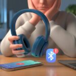 Person sitting at a desk looking puzzled while holding Bluetooth headphones disconnected from a smartphone showing paused music playback.