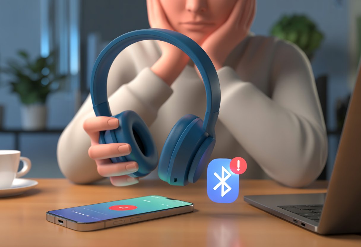 Person sitting at a desk looking puzzled while holding Bluetooth headphones disconnected from a smartphone showing paused music playback.