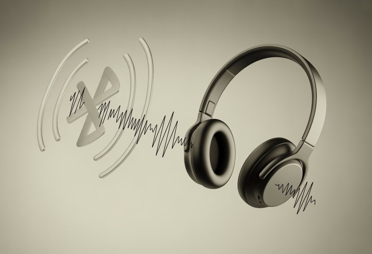A pair of Bluetooth headphones with visual waves showing static noise and signal interference around them.