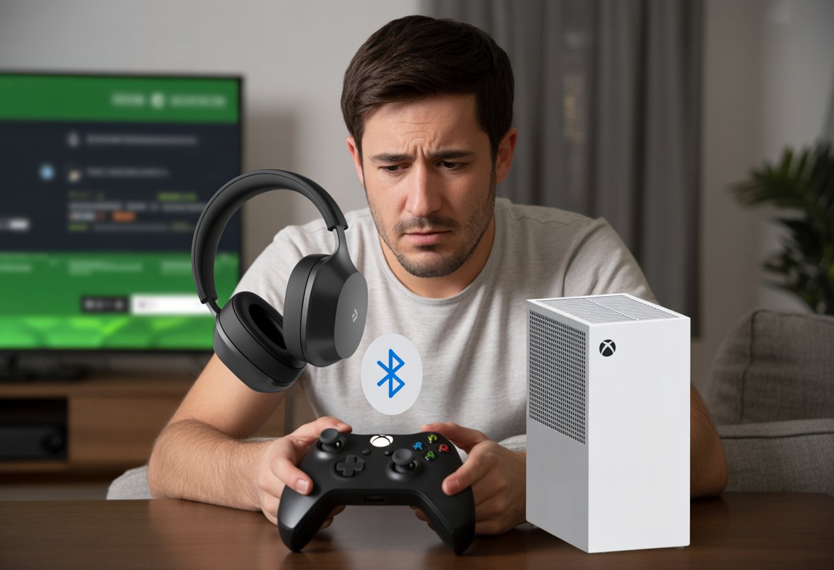 A person sitting in front of an Xbox console holding Bluetooth headphones, looking confused about connecting them.