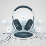 A pair of Bluetooth headphones with digital icons representing audio codecs around them, highlighting one codec as unsupported.