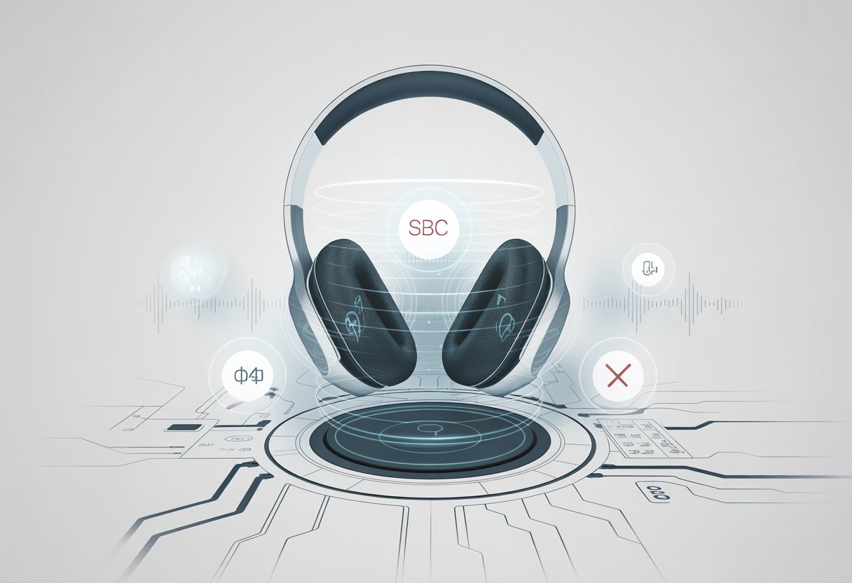 A pair of Bluetooth headphones with digital icons representing audio codecs around them, highlighting one codec as unsupported.
