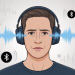 Why Do My Bluetooth Headphones Sound Out of Sync? Blame Lag, Not Your Dancing Skills Person wearing Bluetooth headphones with digital audio waves showing a delay between left and right ear signals, looking focused and puzzled.