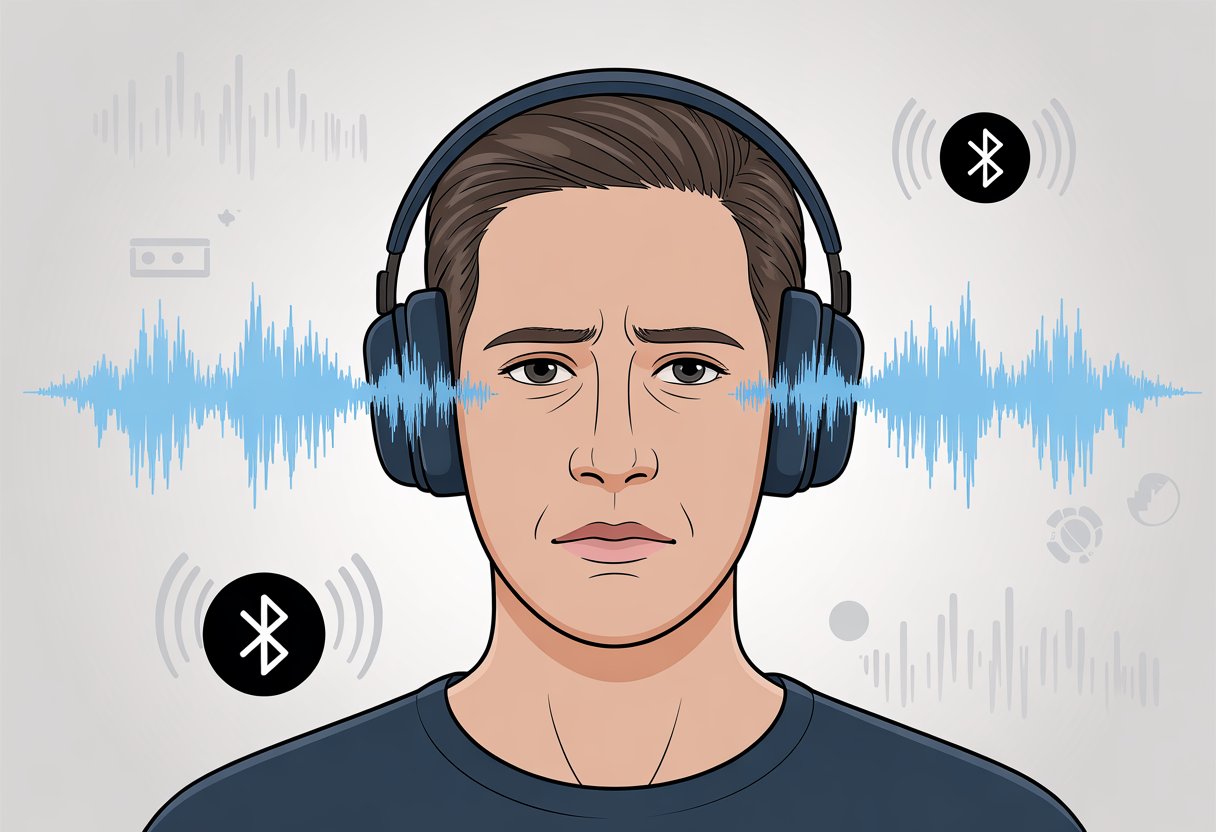 Person wearing Bluetooth headphones with digital audio waves showing a delay between left and right ear signals, looking focused and puzzled.