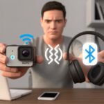 A person holding a GoPro camera and Bluetooth headphones, looking confused, with icons showing a broken wireless connection between the devices.