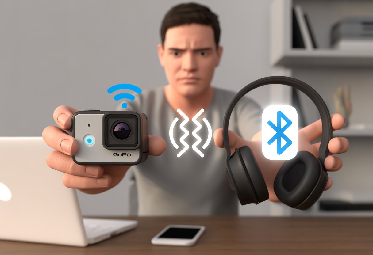A person holding a GoPro camera and Bluetooth headphones, looking confused, with icons showing a broken wireless connection between the devices.