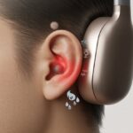 Close-up of a person's ear wearing Bluetooth headphones with slightly red and irritated skin around the contact area.