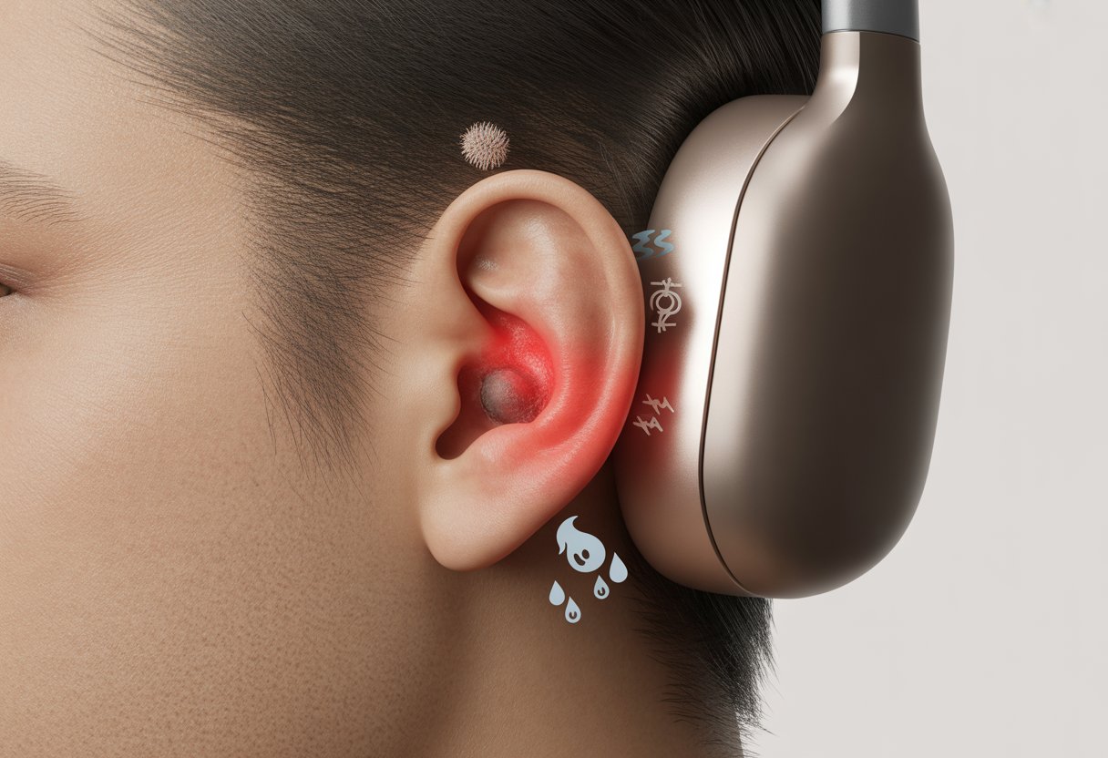 Close-up of a person's ear wearing Bluetooth headphones with slightly red and irritated skin around the contact area.