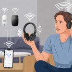 Why do my Bluetooth headphones not work with my smart home devices? Is My House Allergic to Wireless Tech? A person looking puzzled while holding Bluetooth headphones in a living room with smart home devices nearby showing connection issues.
