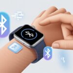 Close-up of a smartwatch showing an error symbol on its screen with a hand interacting with it, surrounded by Bluetooth and network icons.