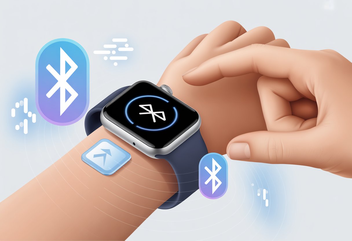 Close-up of a smartwatch showing an error symbol on its screen with a hand interacting with it, surrounded by Bluetooth and network icons.