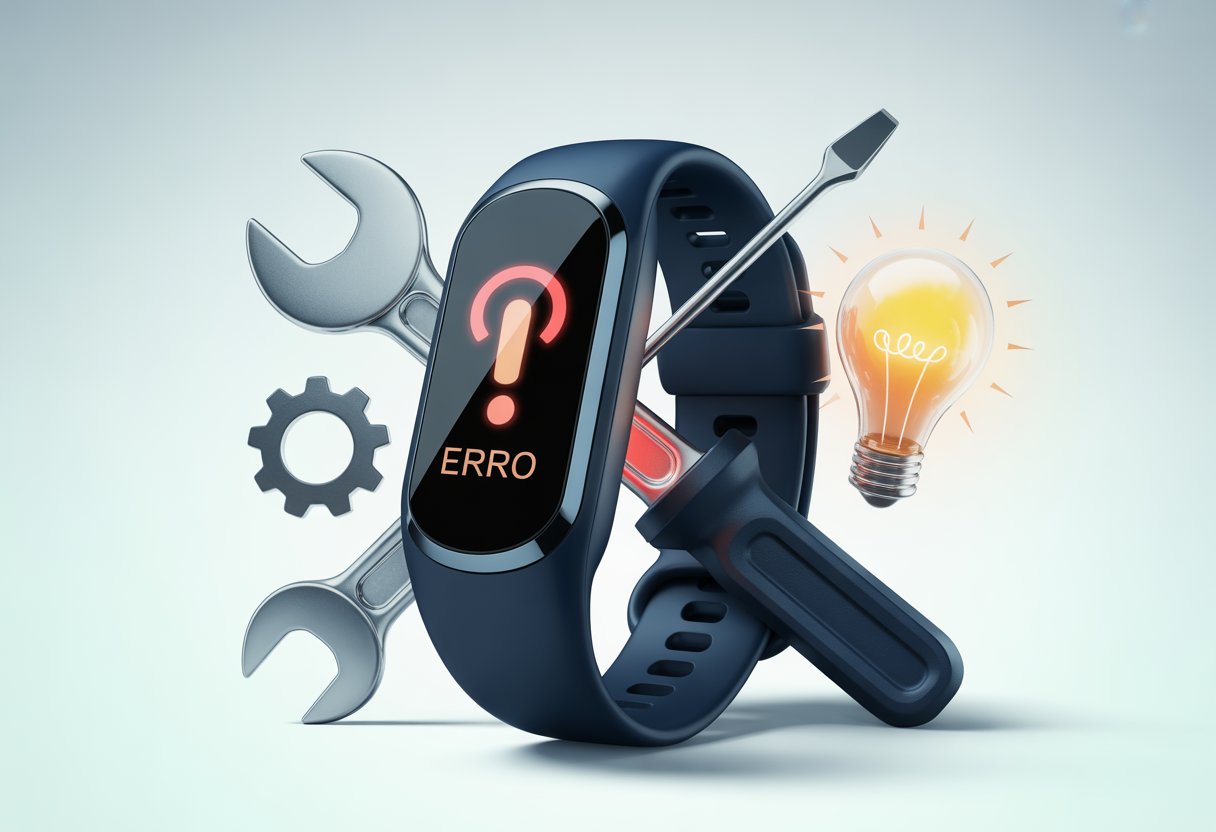 Close-up of a fitness tracker wristband showing an error symbol with icons of tools and a lightbulb around it, representing troubleshooting and solutions.