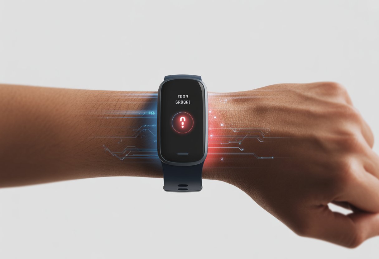 A close-up of a wrist wearing a fitness tracker showing a glowing red warning icon, surrounded by abstract digital lines indicating a technical error.