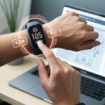 Fitness Tracker Error Code 105 Fix: Banishing Glitches Like a Fitness Ninja Close-up of a wrist wearing a fitness tracker showing an error symbol, with a hand pressing a button to fix it, and a laptop displaying a troubleshooting interface in the background.