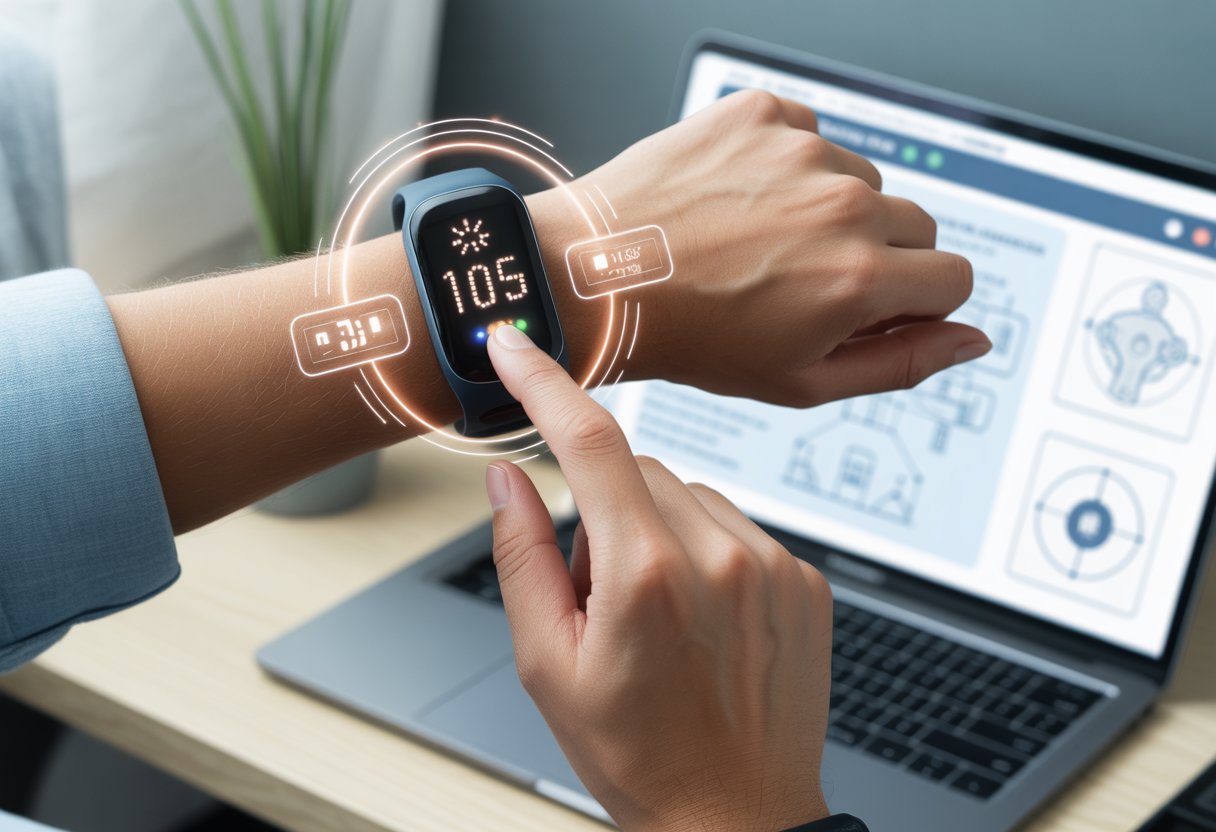 Close-up of a wrist wearing a fitness tracker showing an error symbol, with a hand pressing a button to fix it, and a laptop displaying a troubleshooting interface in the background.