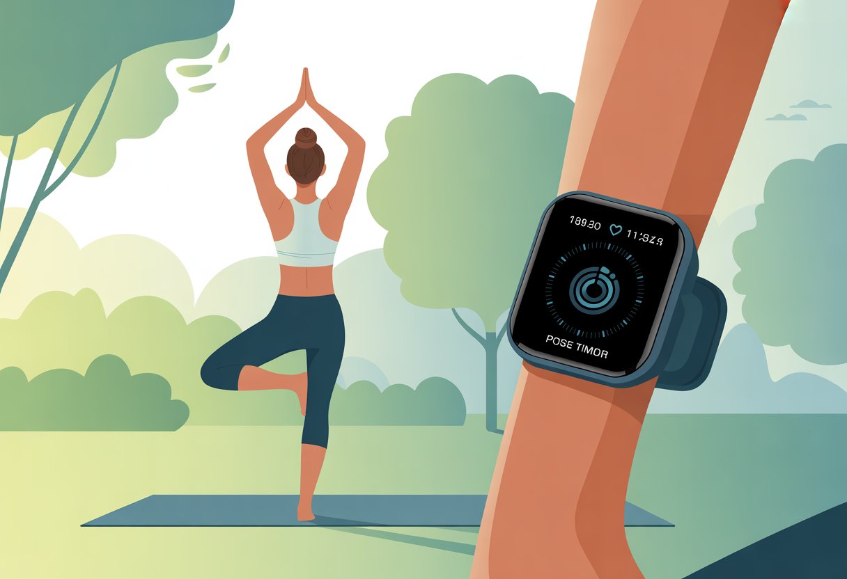 A person doing a yoga pose outdoors wearing a smartwatch on their wrist in a peaceful park setting.