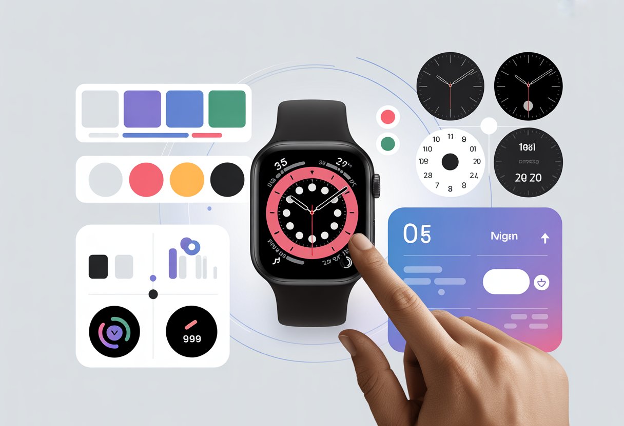 A smartwatch with various customizable watch face options and a hand interacting with the screen.