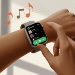 A person using a smartwatch displaying the Spotify app on its screen, interacting with music controls.