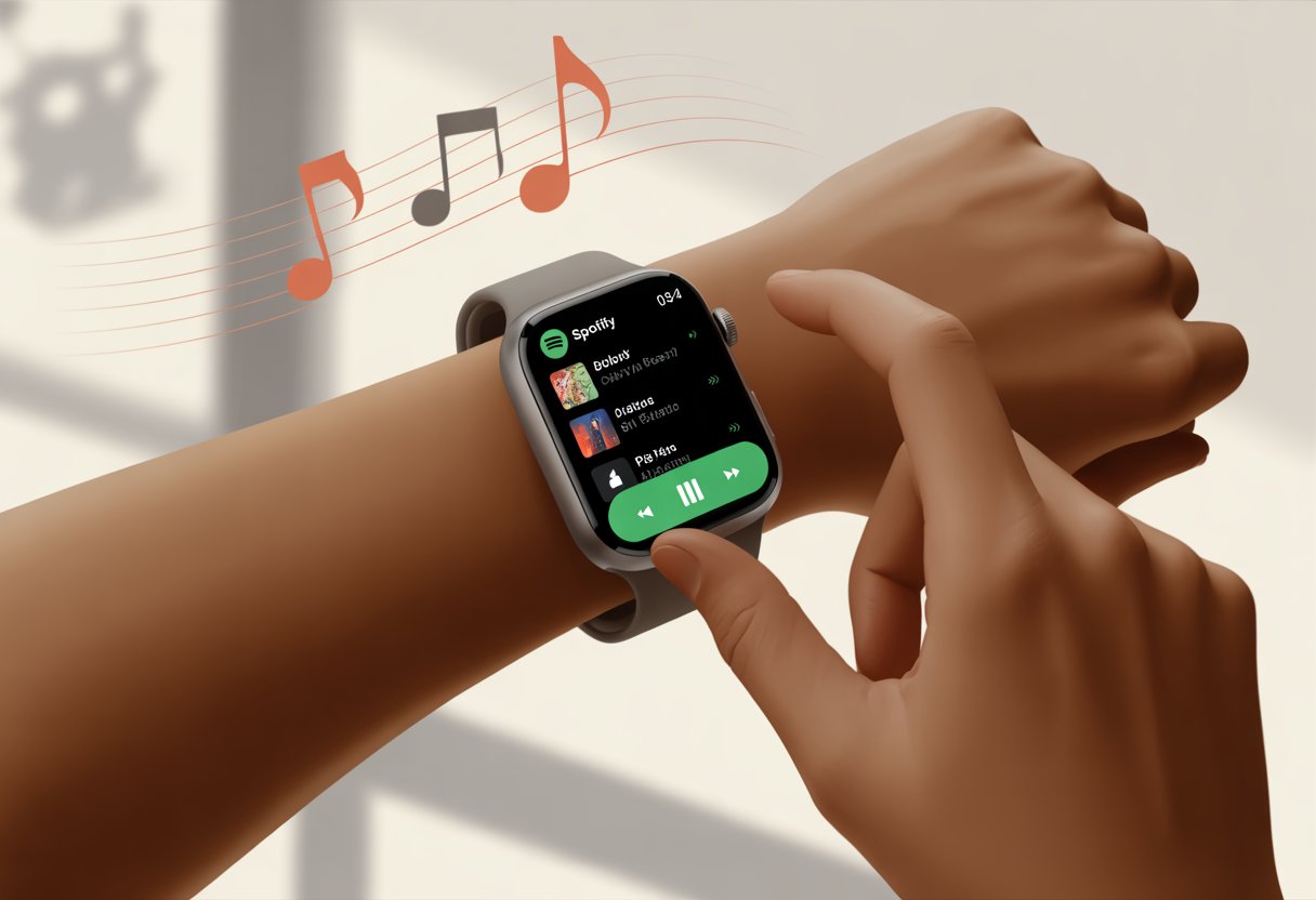 A person using a smartwatch displaying the Spotify app on its screen, interacting with music controls.