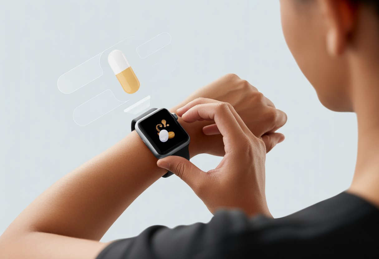 Close-up of a person wearing a smartwatch showing a medication reminder icon on the screen.