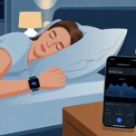 How to use a smartwatch for snoring detection: Let Your Wrist Rat Out Your Nose A person sleeping in bed wearing a smartwatch that monitors snoring, with a smartphone on the nightstand showing sleep data.