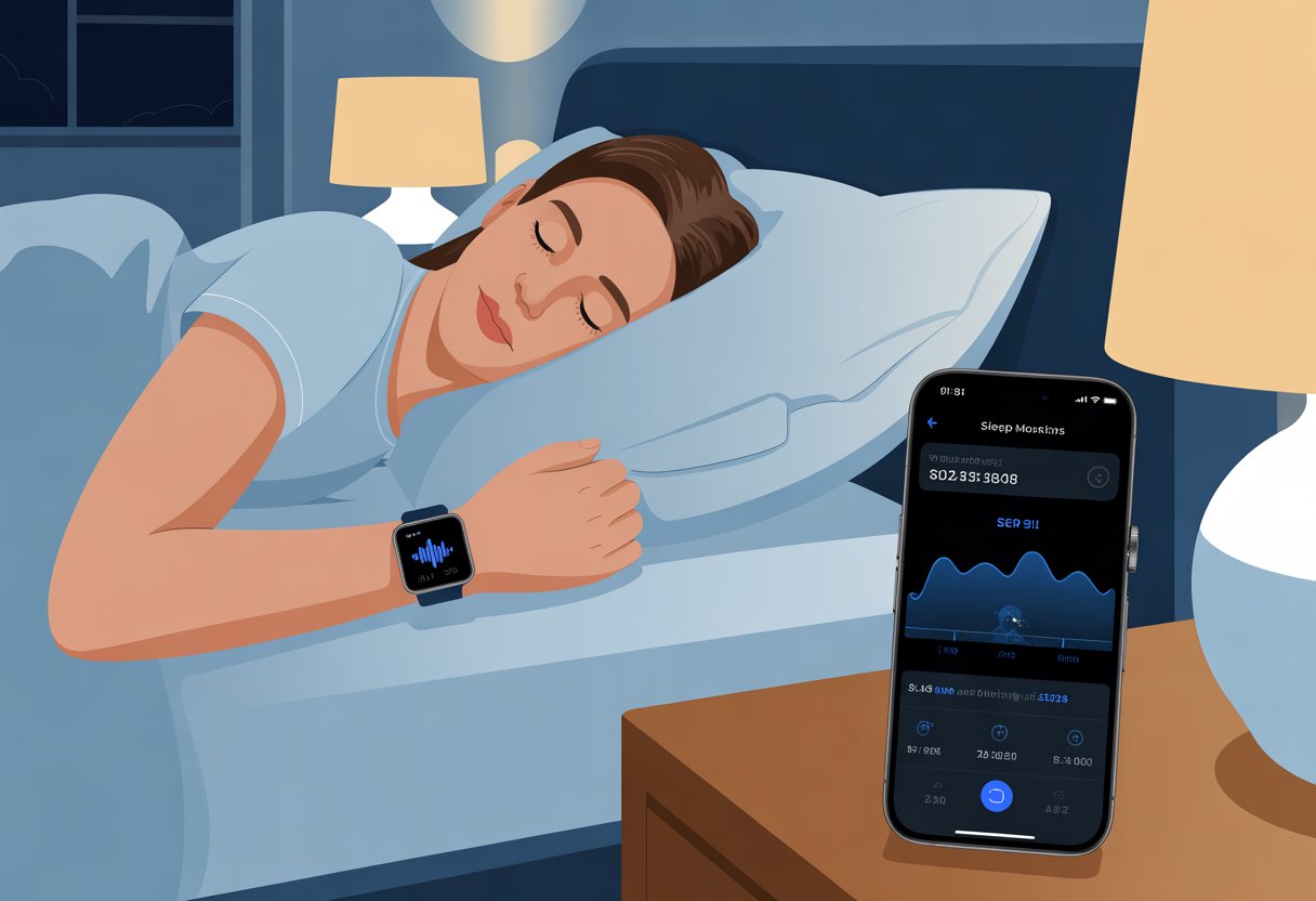 A person sleeping in bed wearing a smartwatch that monitors snoring, with a smartphone on the nightstand showing sleep data.