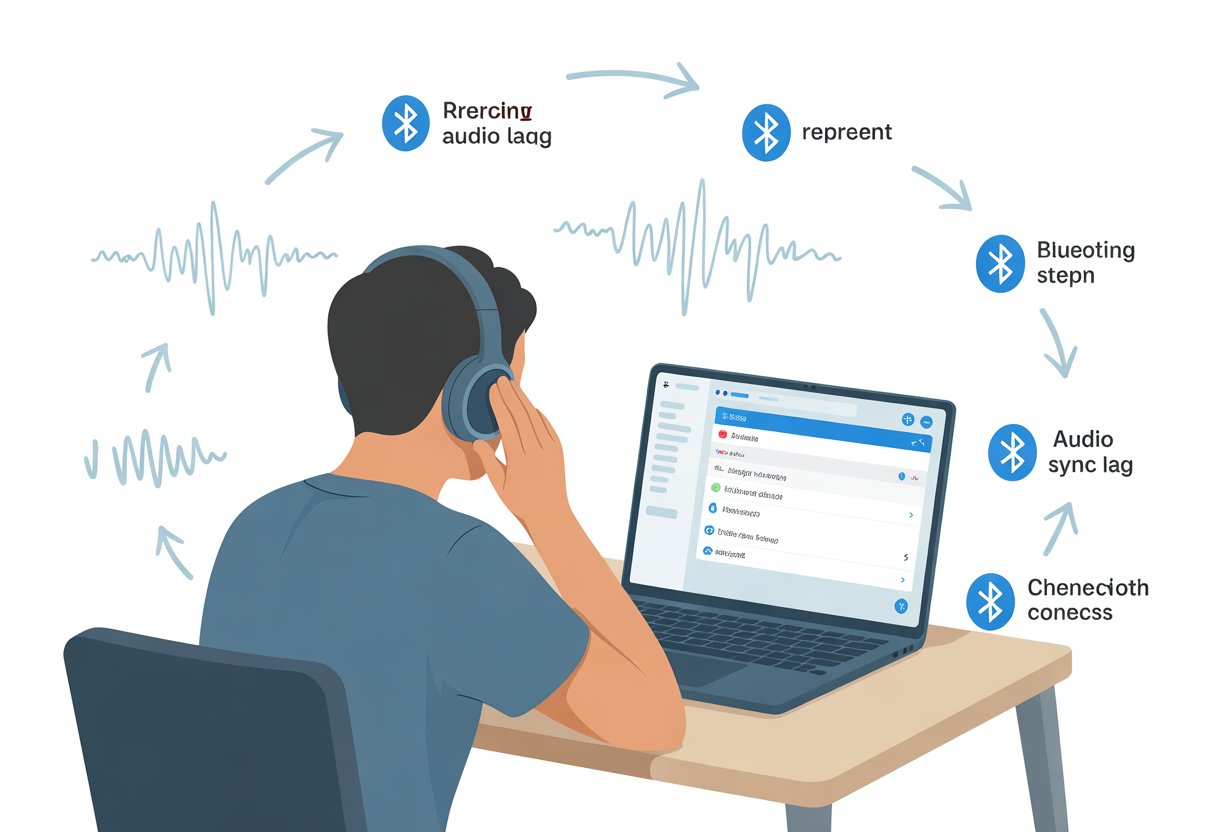 Person wearing Bluetooth headphones sitting at a desk with a laptop, surrounded by icons representing wireless connection and audio troubleshooting steps.