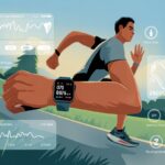 A runner wearing a smartwatch is running on an outdoor trail with graphical overlays showing fitness data and training metrics.