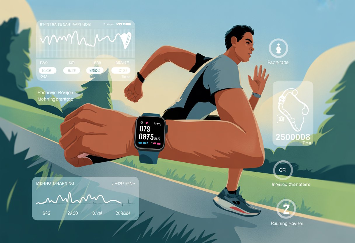 A runner wearing a smartwatch is running on an outdoor trail with graphical overlays showing fitness data and training metrics.