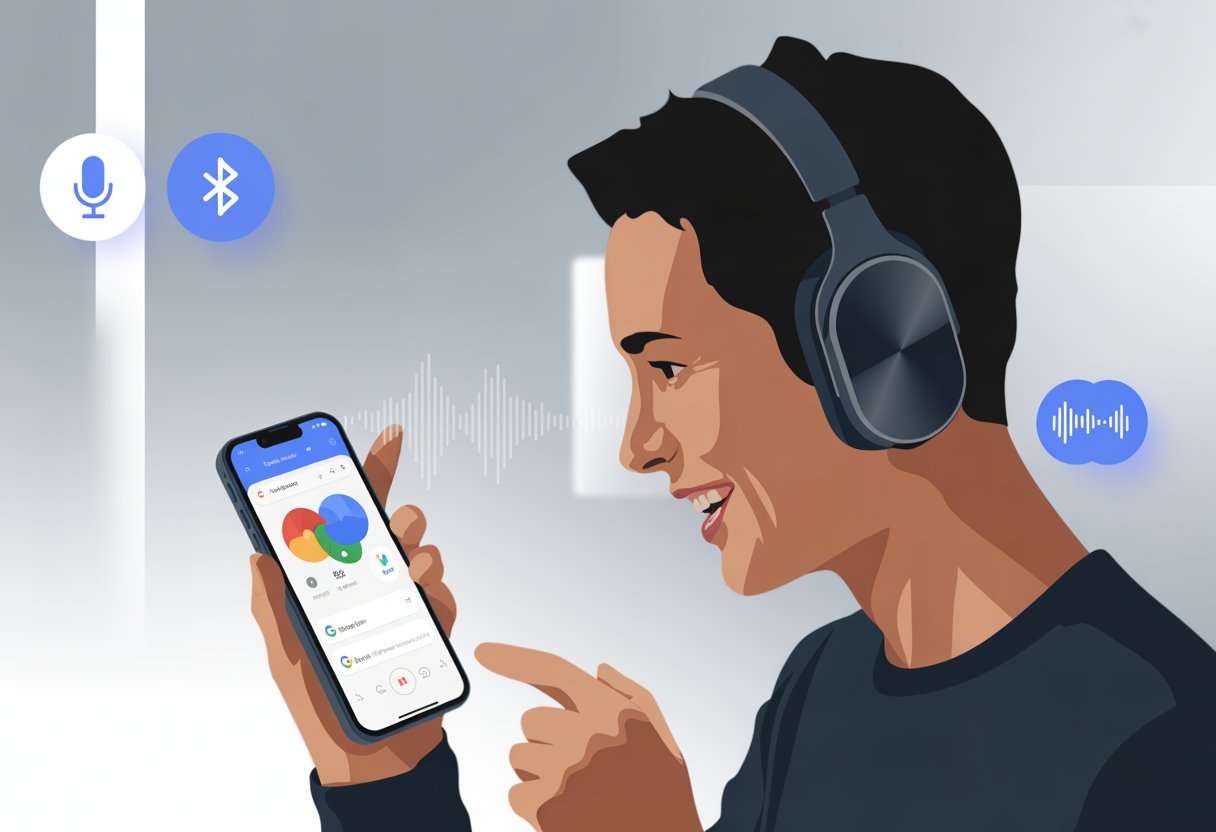 Person wearing Bluetooth headphones using a smartphone with Google Assistant interface visible.