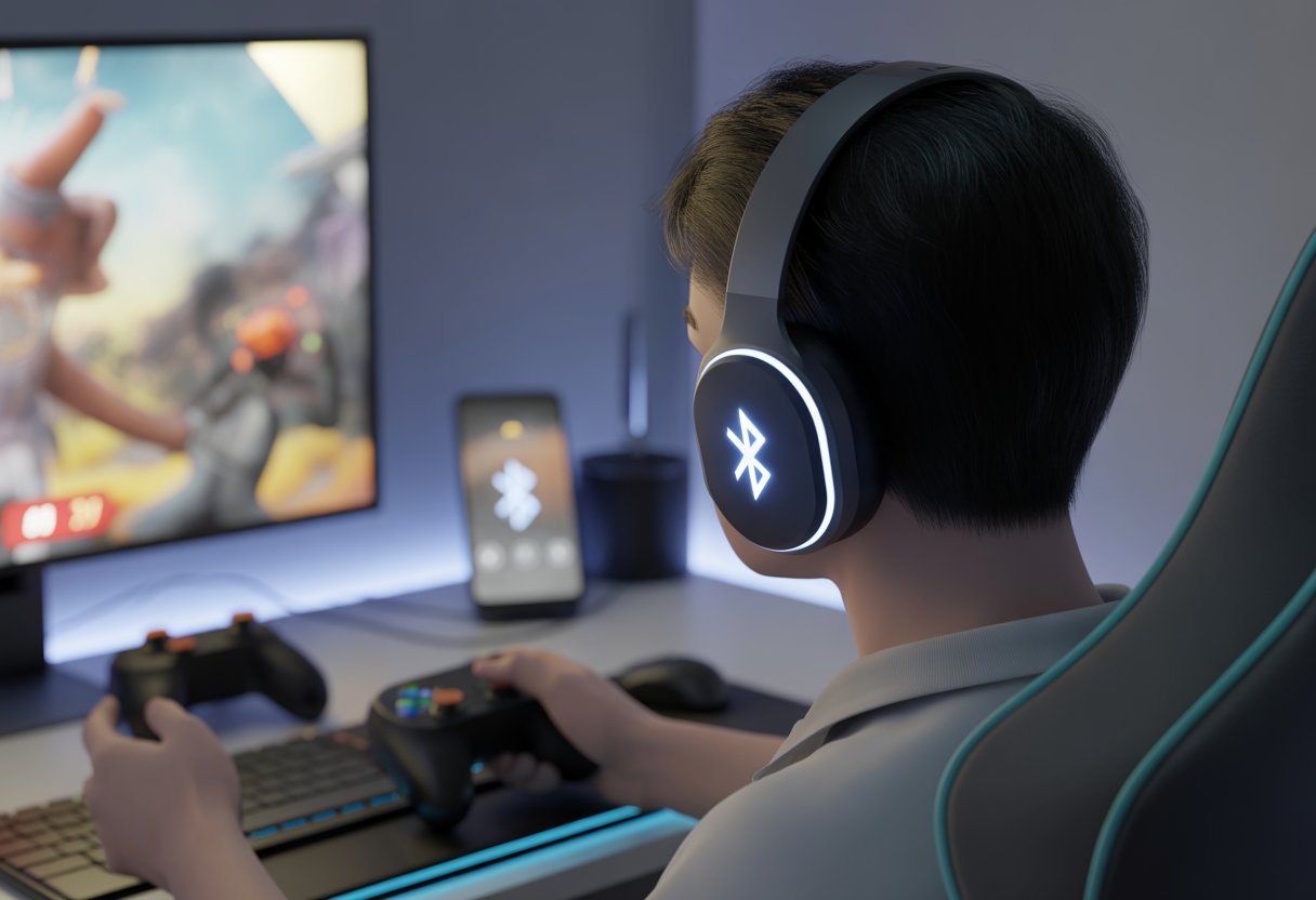 A person wearing Bluetooth headphones playing a video game on a computer with gaming accessories around them.