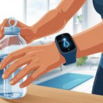 How to use a fitness tracker for hydration reminders and avoid turning into a raisin A person wearing a fitness tracker on their wrist reaches for a water bottle on a table indoors.