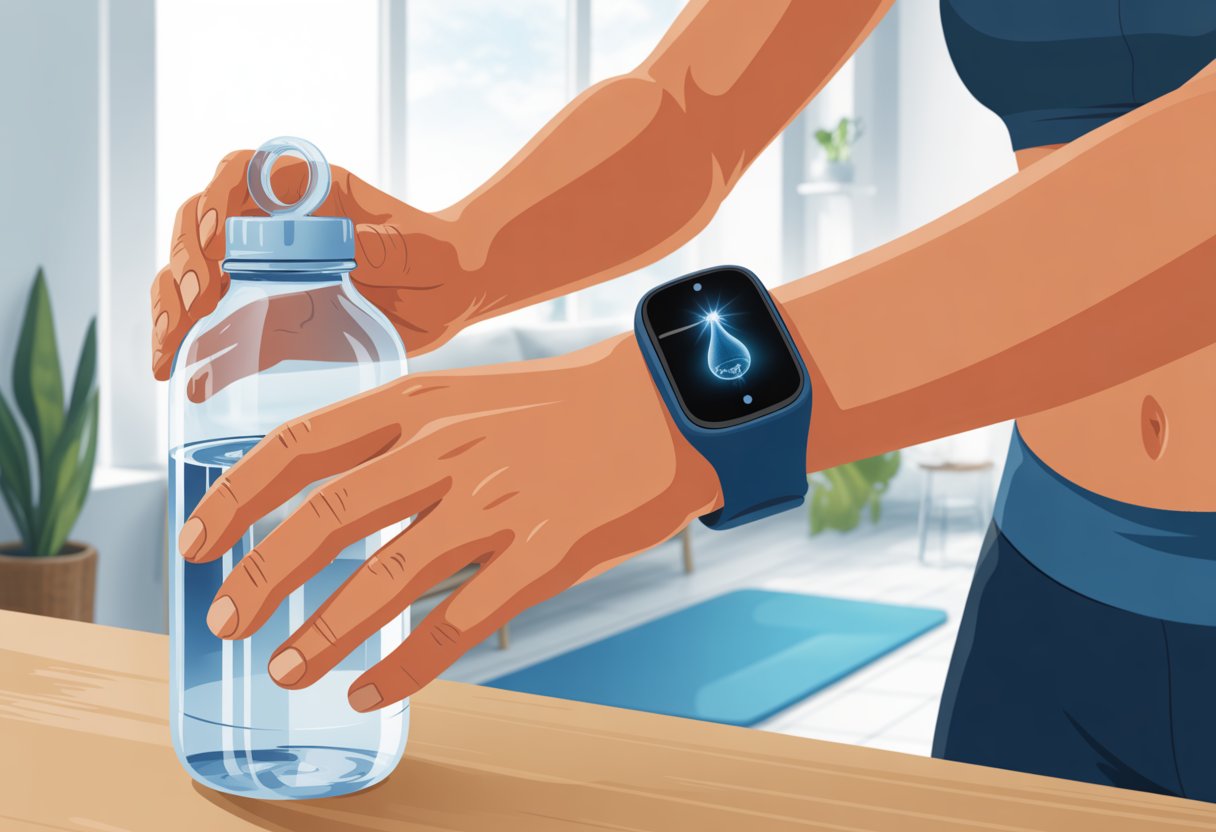 A person wearing a fitness tracker on their wrist reaches for a water bottle on a table indoors.