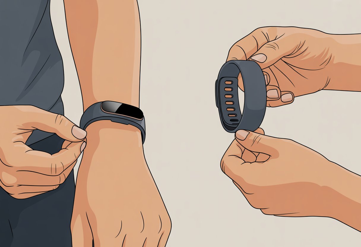 Hands changing the band on a fitness tracker, showing removal of the old band and attachment of a new one.