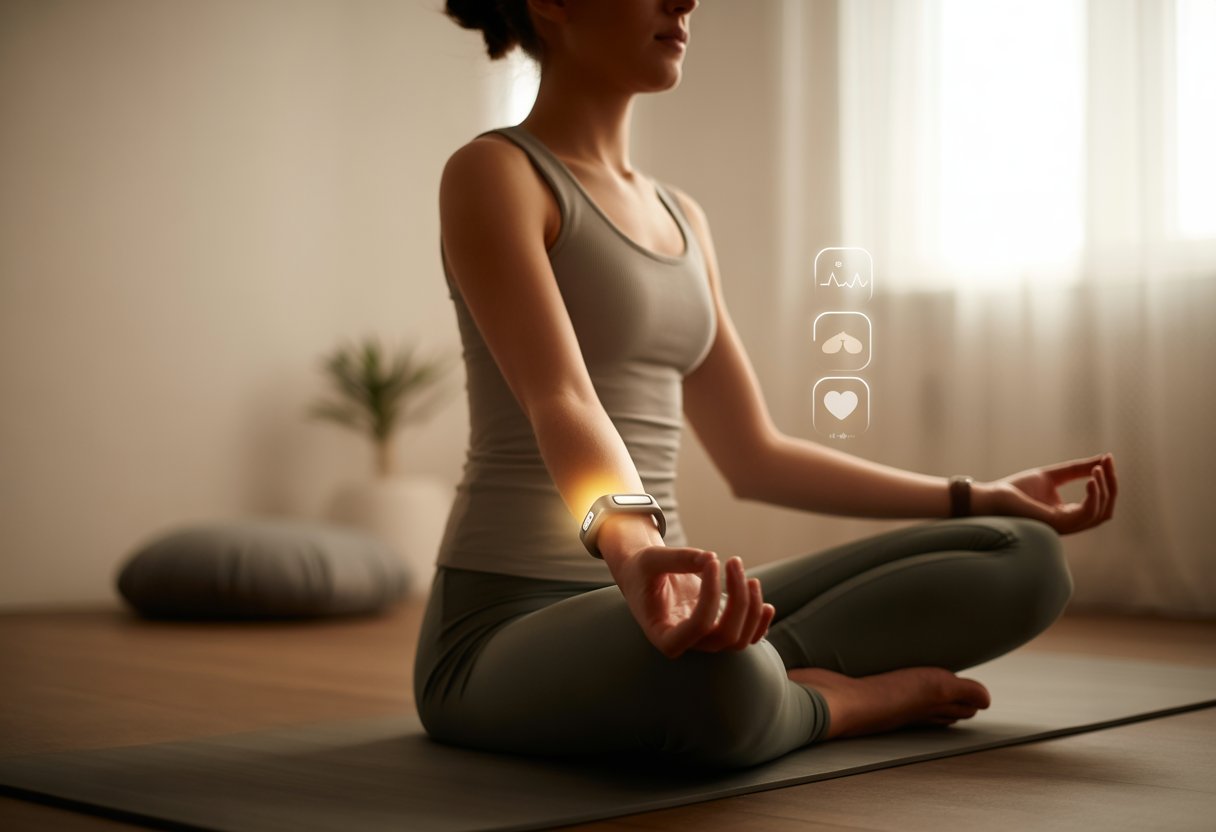 Person meditating indoors wearing a fitness tracker on their wrist, sitting cross-legged with eyes closed in a calm room.