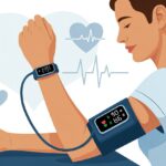 Person wearing a fitness tracker on their wrist showing a blood pressure reading, sitting calmly with arm resting on a table.