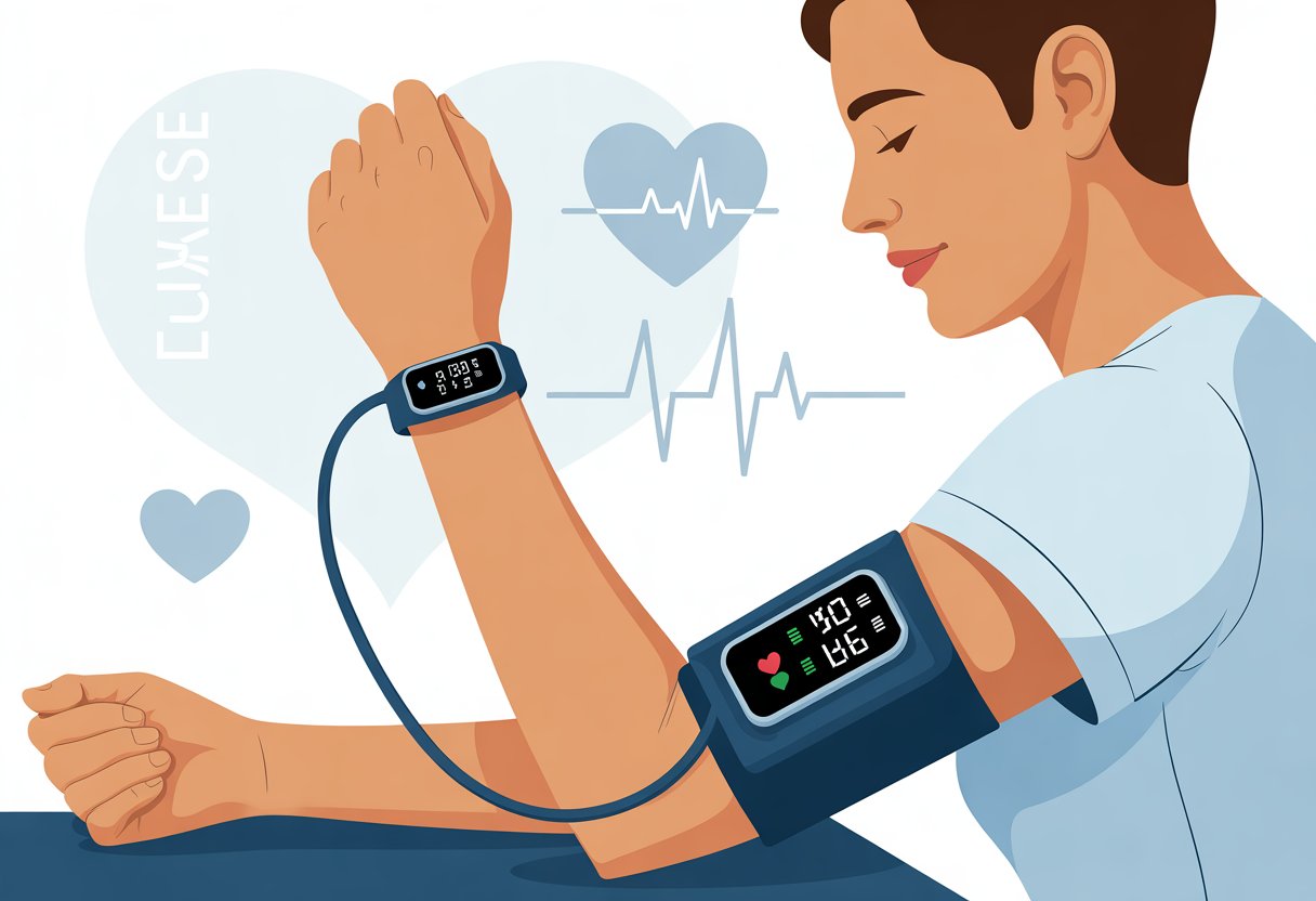 Person wearing a fitness tracker on their wrist showing a blood pressure reading, sitting calmly with arm resting on a table.