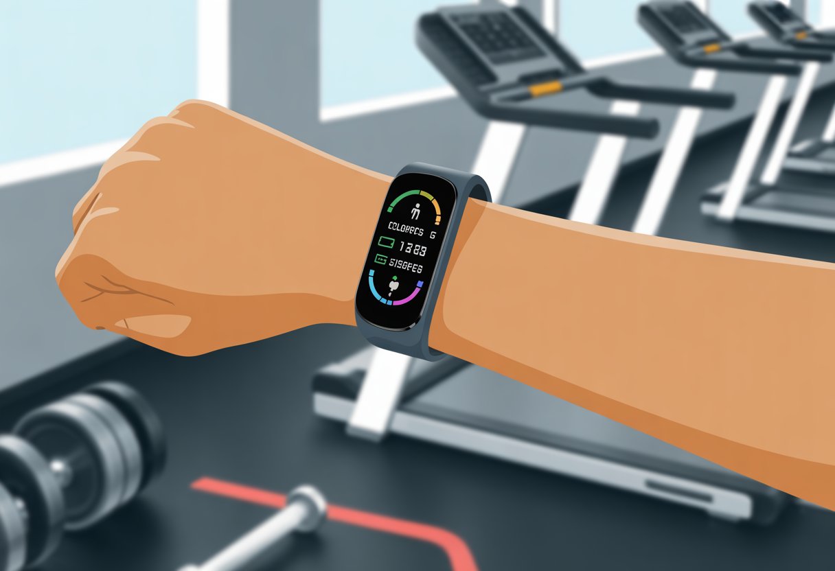 A close-up of a person wearing a fitness tracker on their wrist showing calorie tracking data with gym equipment blurred in the background.