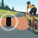 A cyclist riding a road bike on a scenic path wearing a fitness tracker on their wrist showing cycling data.